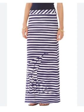 Lilly Pulitzer Navy and White Striped Maxi Skirt with Sailboat Motif
